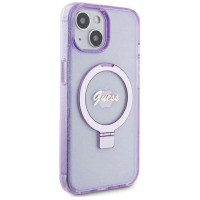 Guess Ring Stand Script Glitter MagSafe case for iPhone 15 Plus / 14 Plus - purple