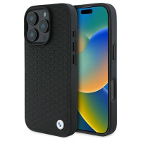 BMW Signature Leather Diamond Metal Logo MagSafe Case for iPhone 16 Pro Max - Black
