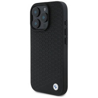 BMW Signature Leather Diamond Metal Logo MagSafe Case for iPhone 16 Pro Max - Black