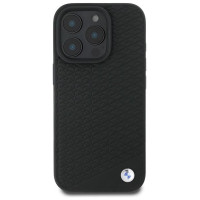 BMW Signature Leather Diamond Metal Logo MagSafe Case for iPhone 16 Pro Max - Black