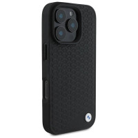 BMW Signature Leather Diamond Metal Logo MagSafe Case for iPhone 16 Pro Max - Black