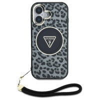 Guess HC IML Leopard Triangle Cord Strap MagSafe case for iPhone 16 - black