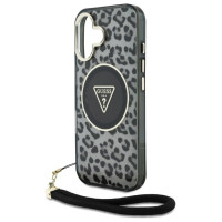 Guess HC IML Leopard Triangle Cord Strap MagSafe case for iPhone 16 - black