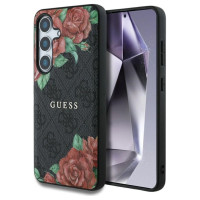 Guess Leather 4G Flowers Print Metal Classic Logo MagSafe Case for Samsung Galaxy S25 - Black