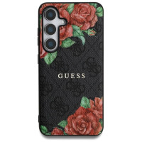Guess Leather 4G Flowers Print Metal Classic Logo MagSafe Case for Samsung Galaxy S25 - Black