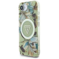 Guess IML Metal Glitter Flowers Triangle MagSafe iPhone 16e Case - Green