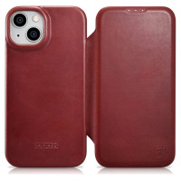 Icarer CE Oil Wax Premium Leather Folio Case iPhone 14 Plus Magnetic Flip Leather Folio Case MagSafe Red (AKI14220707-RD)