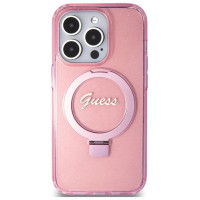 Guess Ring Stand Script Glitter MagSafe case for iPhone 15 Pro - pink