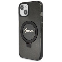 Guess Ring Stand Script Glitter MagSafe Case for iPhone 15 Plus / 14 Plus - Black