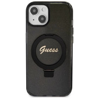 Guess Ring Stand Script Glitter MagSafe Case for iPhone 15 Plus / 14 Plus - Black