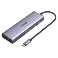 Ugreen CM498 15600 USB-C Adapter - 3x USB-A 3.0 / HDMI / VGA / RJ45 / SD / TF Card Reader / USB-C PD - Gray