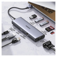 Ugreen CM498 15600 USB-C Adapter - 3x USB-A 3.0 / HDMI / VGA / RJ45 / SD / TF Card Reader / USB-C PD - Gray