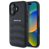 Mercedes AMG Leather Debossed Lines Black Logo iPhone 16 Case - Black