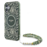 Guess IML Flowers Allover Electro With Pearl Strap MagSafe case for iPhone 16 - green