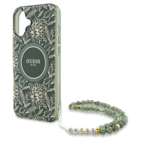 Guess IML Flowers Allover Electro With Pearl Strap MagSafe case for iPhone 16 - green