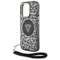 Guess HC IML Leopard Triangle Cord Strap MagSafe Case for iPhone 16 Pro Max - Black