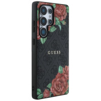 Guess Leather 4G Flowers Print Metal Classic Logo MagSafe Case for Samsung Galaxy S25 Ultra - Black