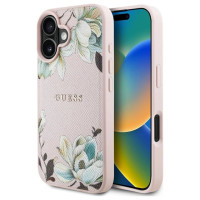 Guess Grained Printed Flower Pattern MagSafe iPhone 16 Case Pink