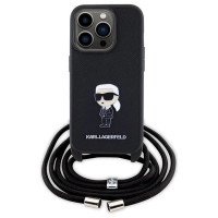 Karl Lagerfeld Crossbody Saffiano Monogram Metal Pin Karl & Choupette Case for iPhone 15 Pro - Black