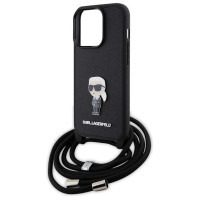 Karl Lagerfeld Crossbody Saffiano Monogram Metal Pin Karl & Choupette Case for iPhone 15 Pro - Black