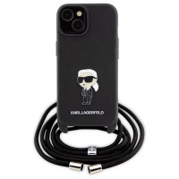 Karl Lagerfeld Crossbody Saffiano Monogram Metal Pin Karl & Choupette Case for iPhone 15 - Black