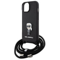 Karl Lagerfeld Crossbody Saffiano Monogram Metal Pin Karl & Choupette Case for iPhone 15 - Black
