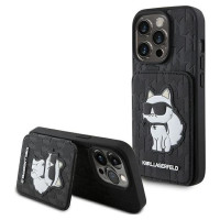 Karl Lagerfeld Saffiano Cardslots and Stand Monogram Choupette Case for iPhone 15 Pro Max - Black