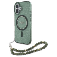 Guess IML Glitter With Pearl Strap MagSafe case for iPhone 16 Plus - green