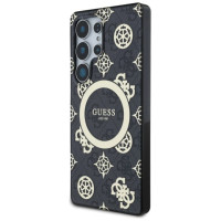 Guess 4G Background Gold Electroplated Peony Pattern MagSafe Case for Samsung Galaxy S25 Ultra Black