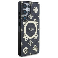Guess 4G Background Gold Electroplated Peony Pattern MagSafe Case for Samsung Galaxy S25 Ultra Black