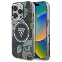 Guess Glitter Flowers Triangle Buttons MagSafe case for iPhone 16 Pro black