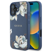 Guess Grained Printed Flower Pattern MagSafe case for iPhone 16 blue