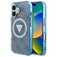 Guess IML Metal Glitter 4G Circle Triangle MagSafe Case for iPhone 16 - Blue