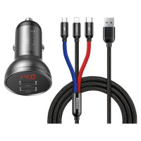 Baseus 2x USB 4.8A 24W car charger with LCD + 3in1 cable USB - USB Type C / micro USB / Lightning 1.2m black (TZCCBX-0G)