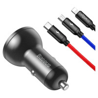 Baseus 2x USB 4.8A 24W car charger with LCD + 3in1 cable USB - USB Type C / micro USB / Lightning 1.2m black (TZCCBX-0G)