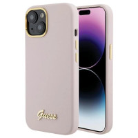 Guess Silicone Script Metal Logo & Frame case for iPhone 15 - pink