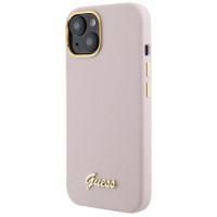 Guess Silicone Script Metal Logo & Frame case for iPhone 15 - pink