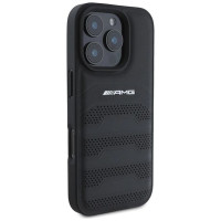 Mercedes AMG Leather Debossed Lines Black Logo iPhone 16 Pro Max Case - Black