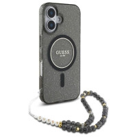 Guess IML Glitter With Pearl Strap MagSafe case for iPhone 16 - black
