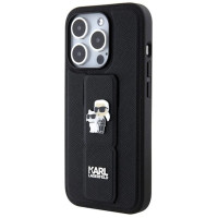 Karl Lagerfeld Gripstand Saffiano Karl&Choupette Pins case for iPhone 15 Pro - black
