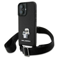 Karl Lagerfeld Saffiano Karl&Choupette Metal Pin CBDY Strap iPhone 16 Case - Black