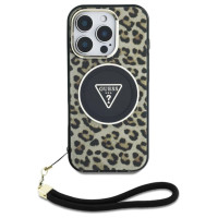 Guess HC IML Leopard Triangle Cord Strap MagSafe Case for iPhone 16 Pro - Brown