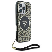 Guess HC IML Leopard Triangle Cord Strap MagSafe Case for iPhone 16 Pro - Brown