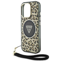 Guess HC IML Leopard Triangle Cord Strap MagSafe Case for iPhone 16 Pro - Brown