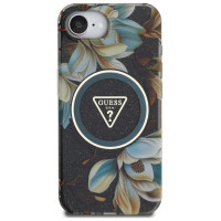 Guess IML Metal Glitter Flowers Triangle MagSafe case for iPhone 16e - black