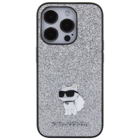 Karl Lagerfeld Fixed Glitter Choupette Logo Metal Pin Case for iPhone 15 Pro Max - Silver