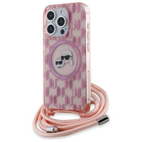 Karl Lagerfeld IML Crossbody Monogram Karl & Choupette Head MagSafe Case for iPhone 15 Pro Max - Pink