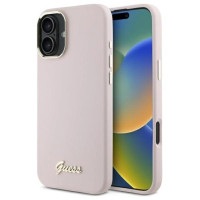 Guess Silicone Script Metal Logo & Frame iPhone 16 Plus Case - Pink