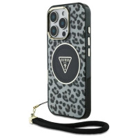 Guess HC IML Leopard Triangle Cord Strap MagSafe Case for iPhone 16 Pro - Black