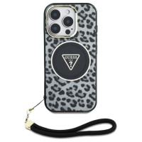 Guess HC IML Leopard Triangle Cord Strap MagSafe Case for iPhone 16 Pro - Black